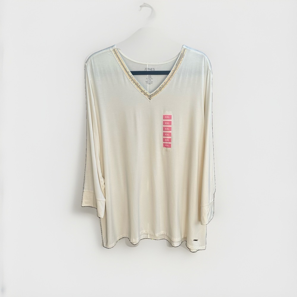 Jones New York Signature Ivory V-Neck Sequin Trim 3/4 Sleeve Top XXL NWT 300561